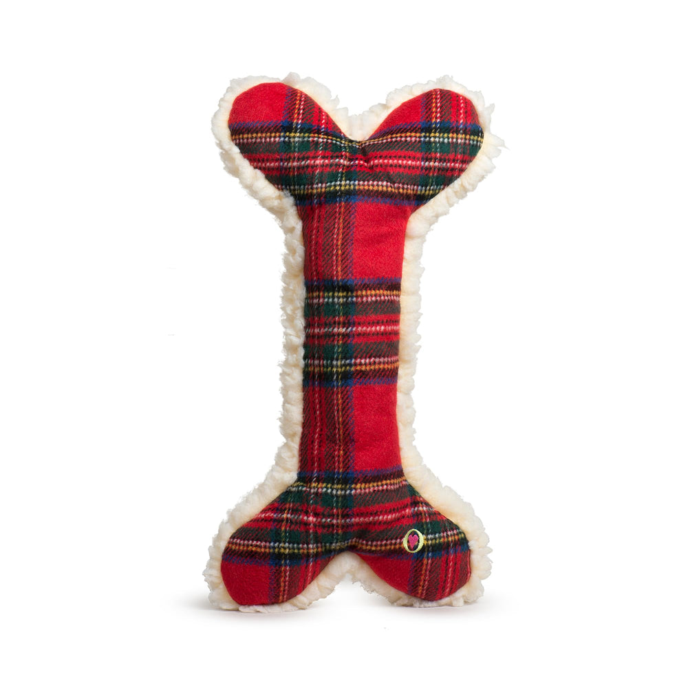 HuggleHounds Tartan Tidings plush bone dog toy, 24-inch, ideal for fetch and cuddling.