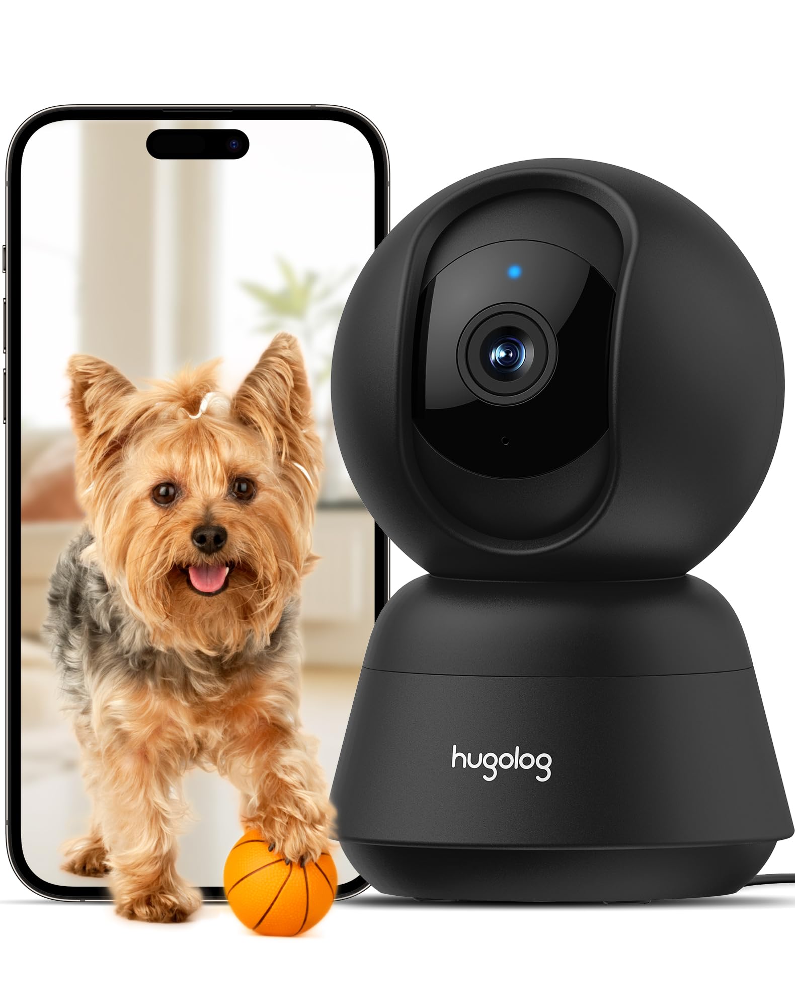 Hugolog 3K 5MP indoor pan-tilt camera enables precise baby and pet monitoring.