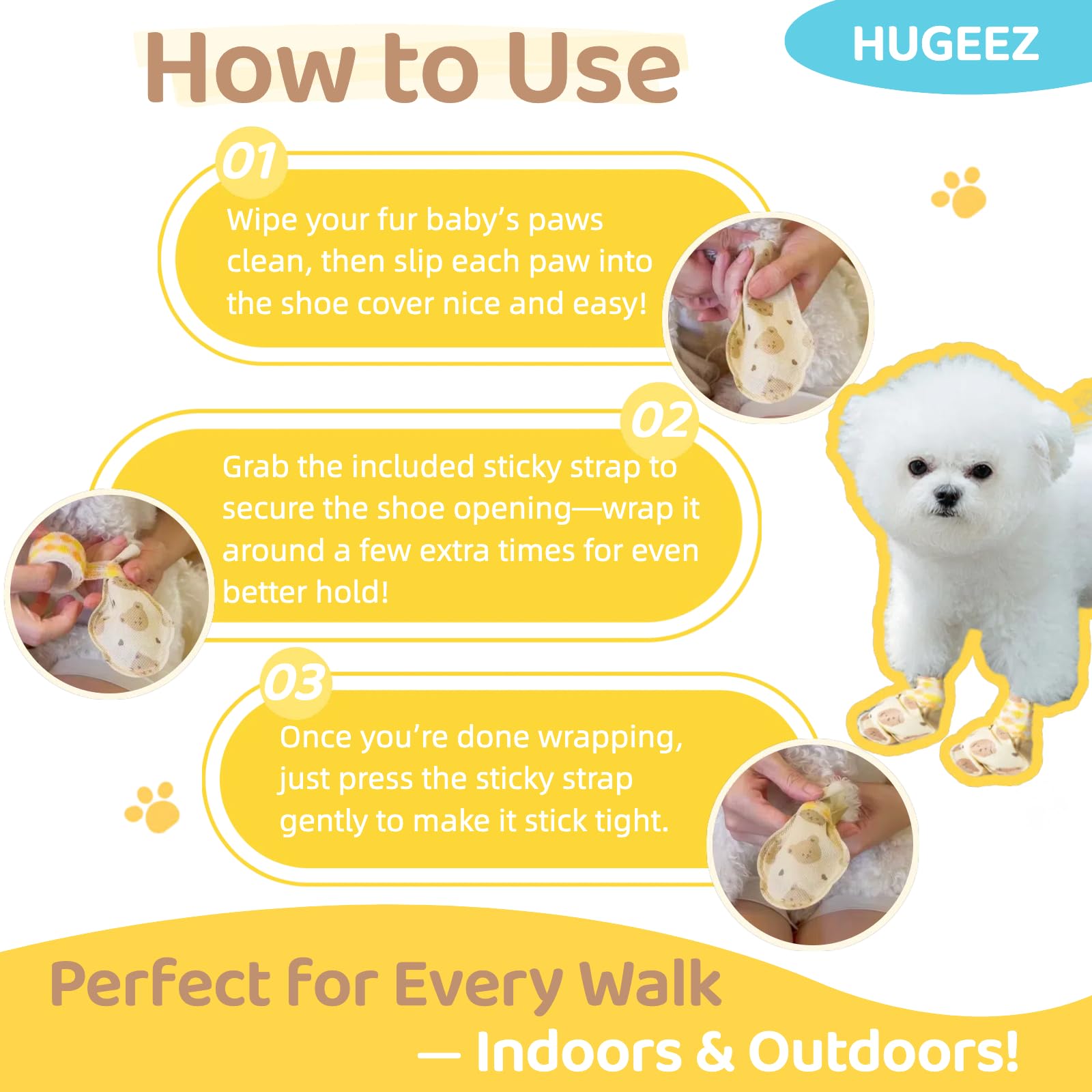 HUGEEZ paw wrap booties prevent dirt tracking during daily use