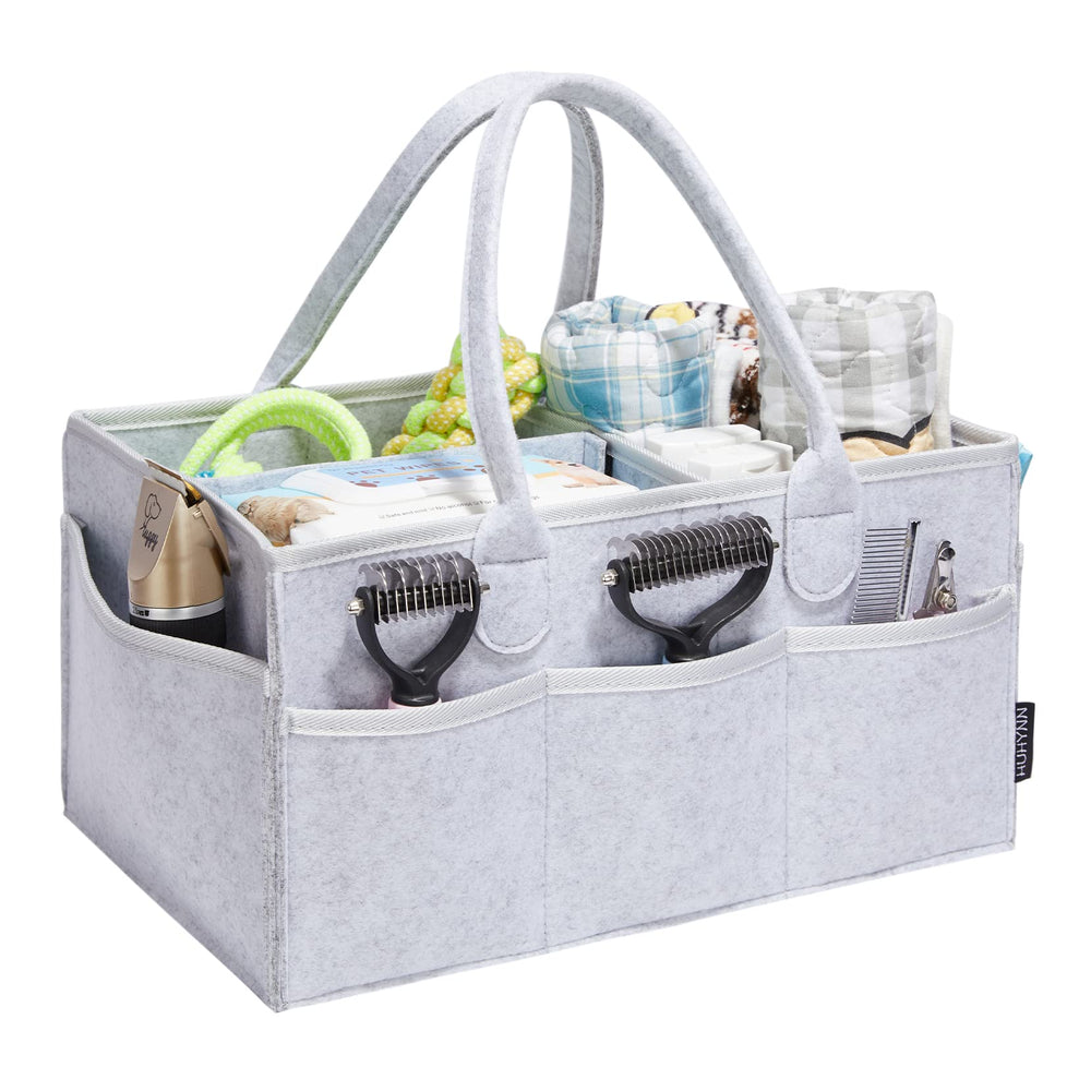 HUHYNN pet grooming tote open shows spacious main compartments for organizing grooming tools on the go.