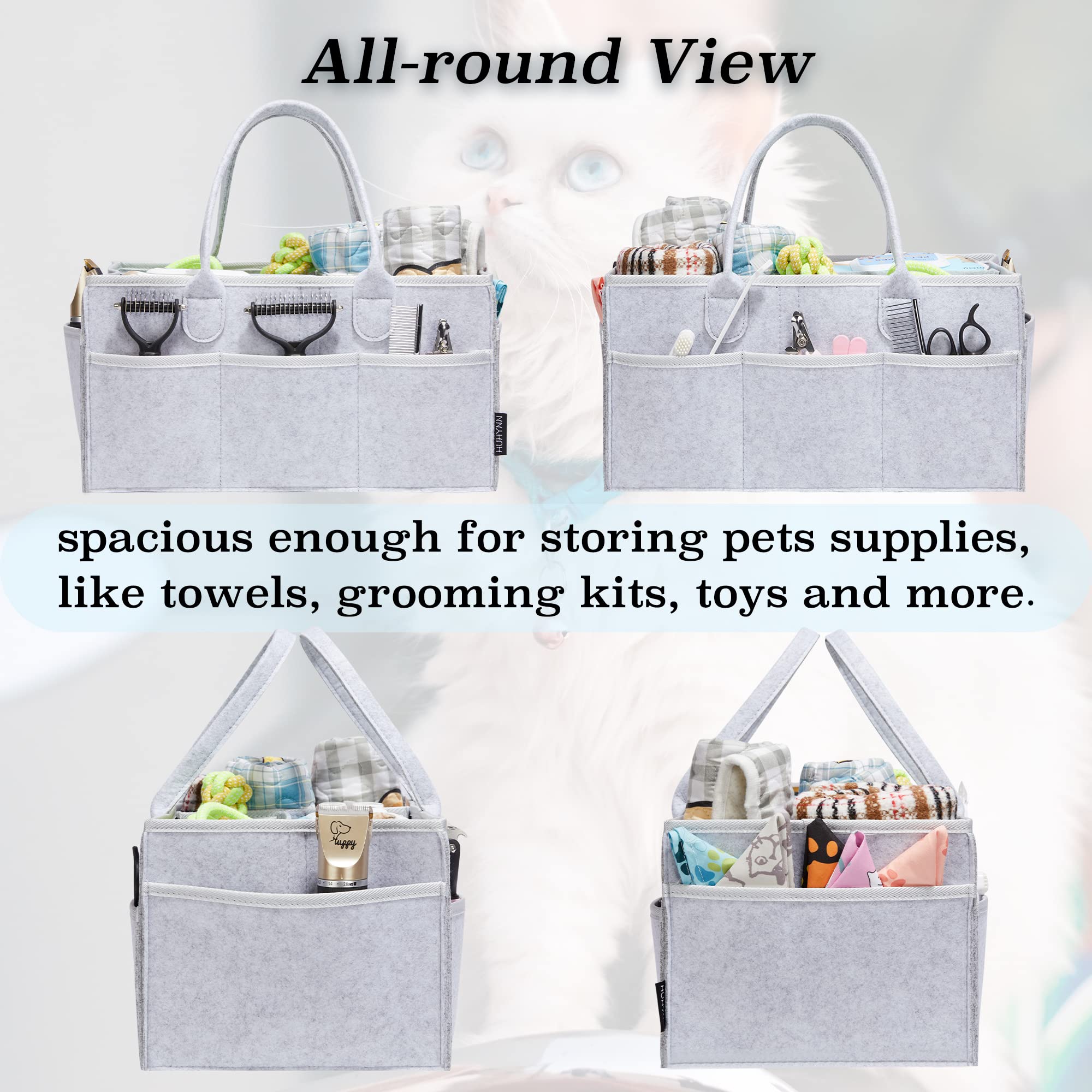HUHYNN pet grooming tote side view highlights side pockets for quick access to grooming tools.