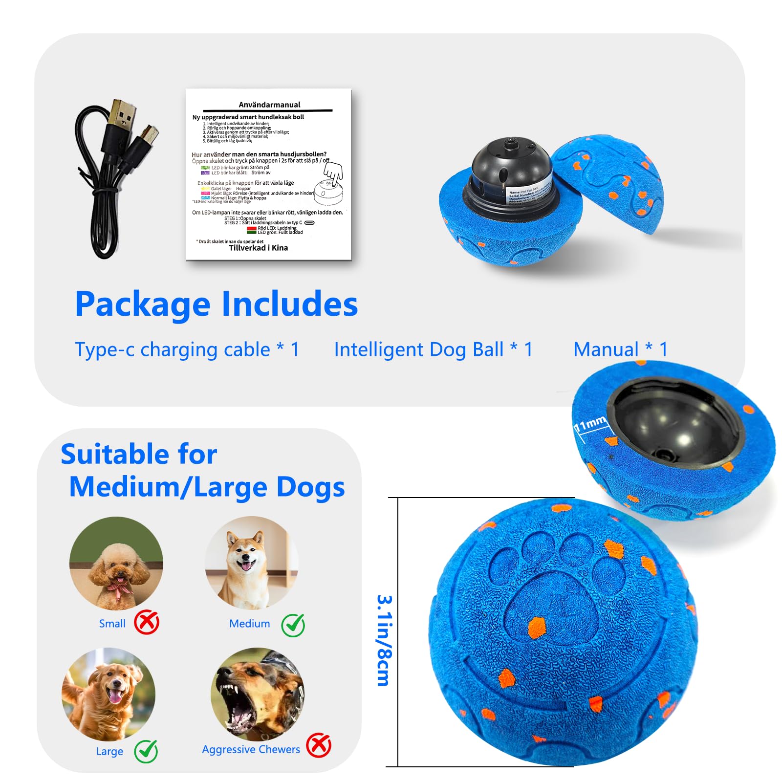 Huimpet Interactive Dog Ball blue-mode depicts moving and jumping for varied routines