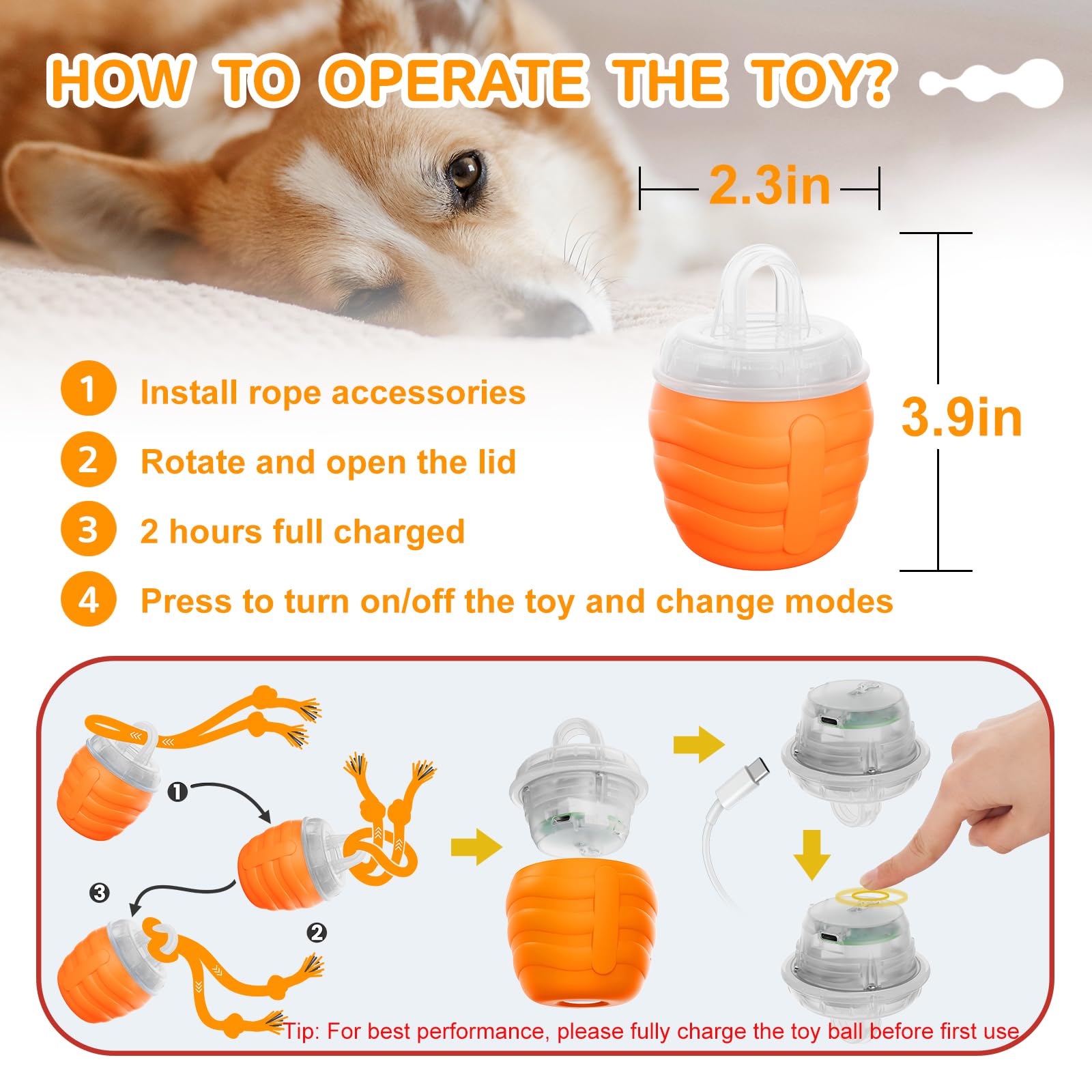 Huimpet interactive dog ball orange accessories pack including ropes and manual.