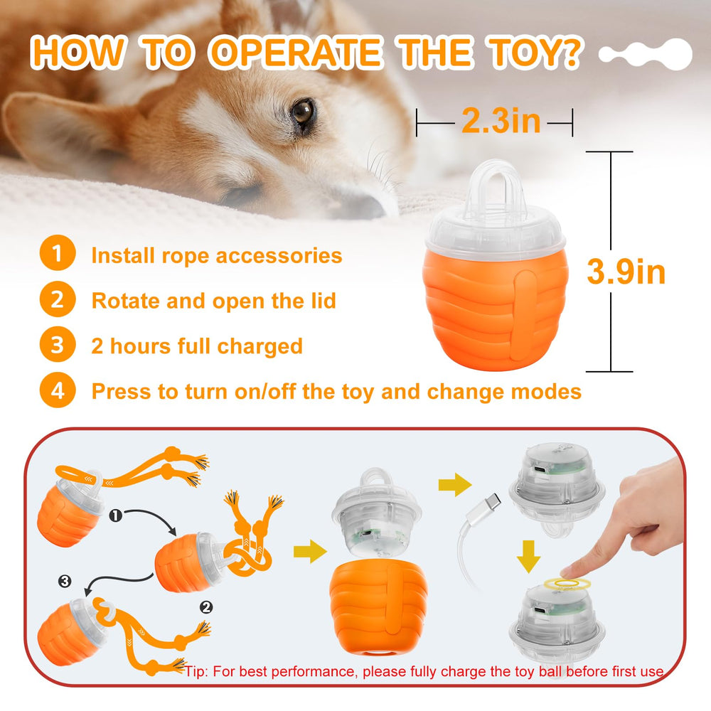Huimpet interactive dog ball orange accessories pack including ropes and manual.
