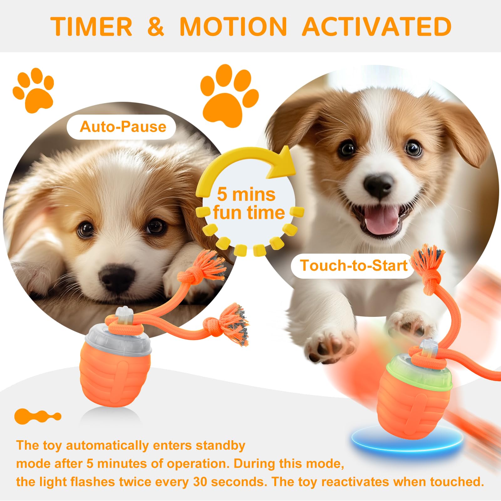 Huimpet interactive dog ball orange purple mode for calm play.