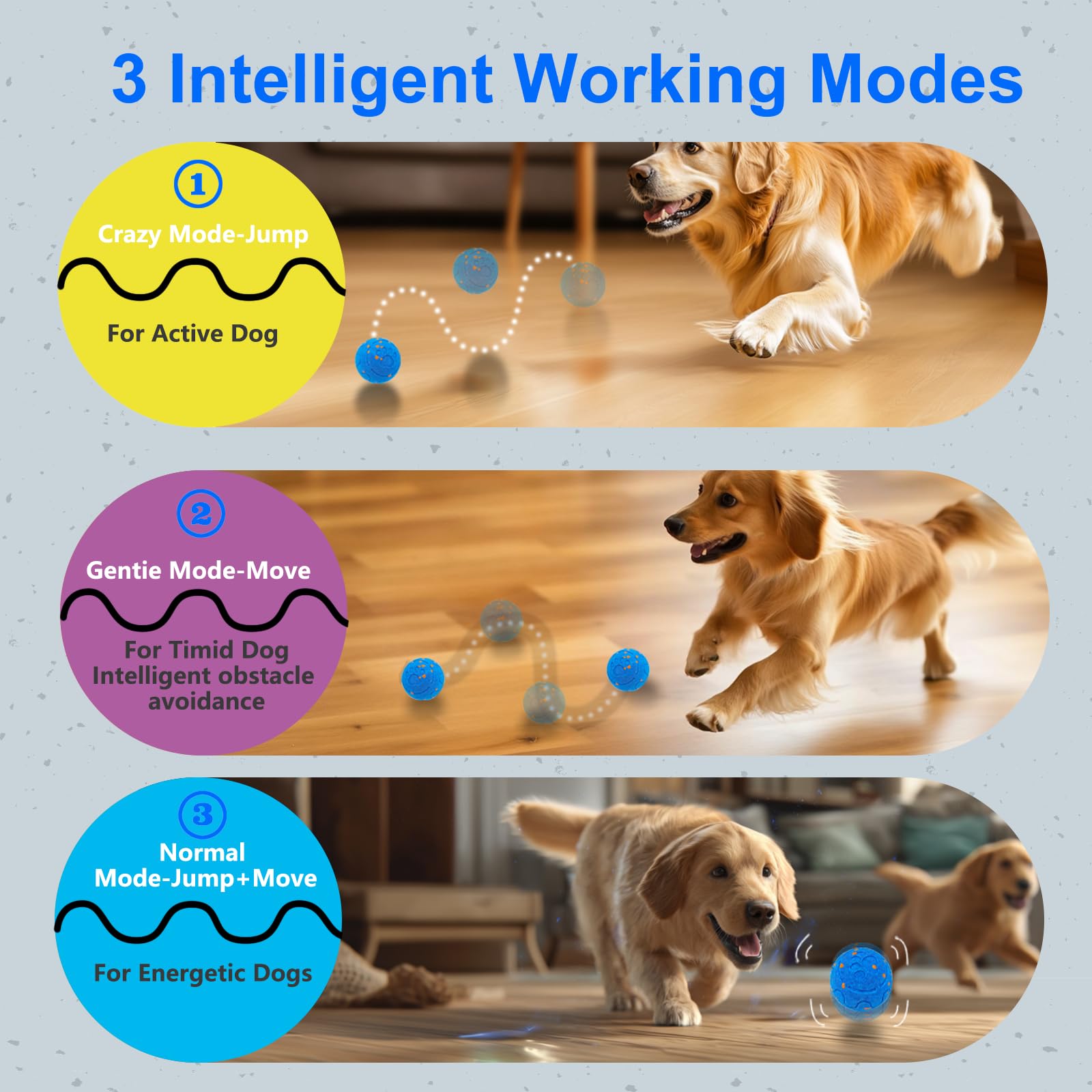 Huimpet Interactive Dog Ball yellow-mode shows jumping bursts to energize dogs during play
