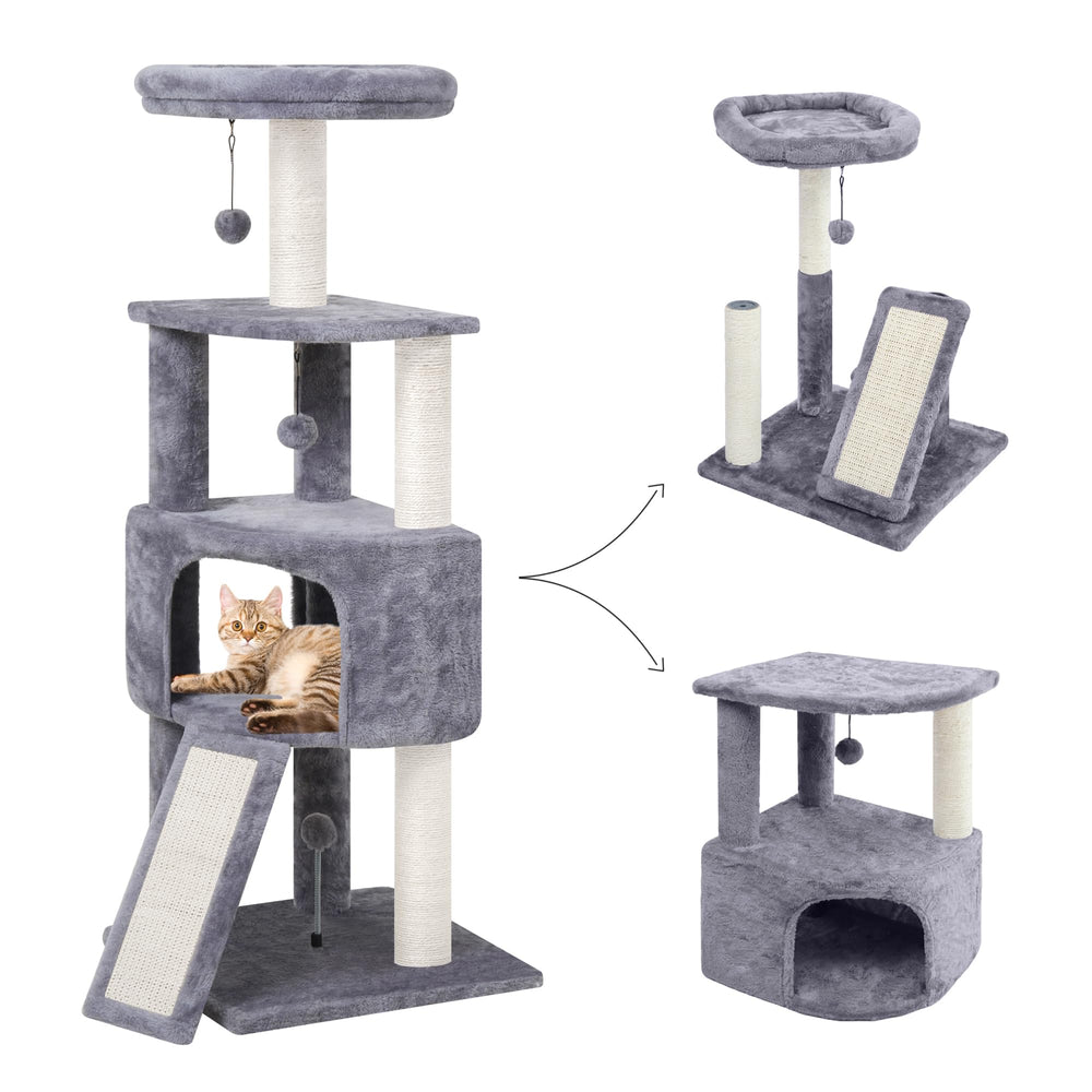 HUITREE 45in cat tree corner design demonstrates space-saving setup for small apartments.