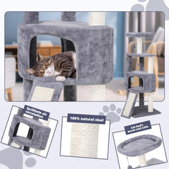 HUITREE cat tree with dangling pom-poms invites active play and exercise.