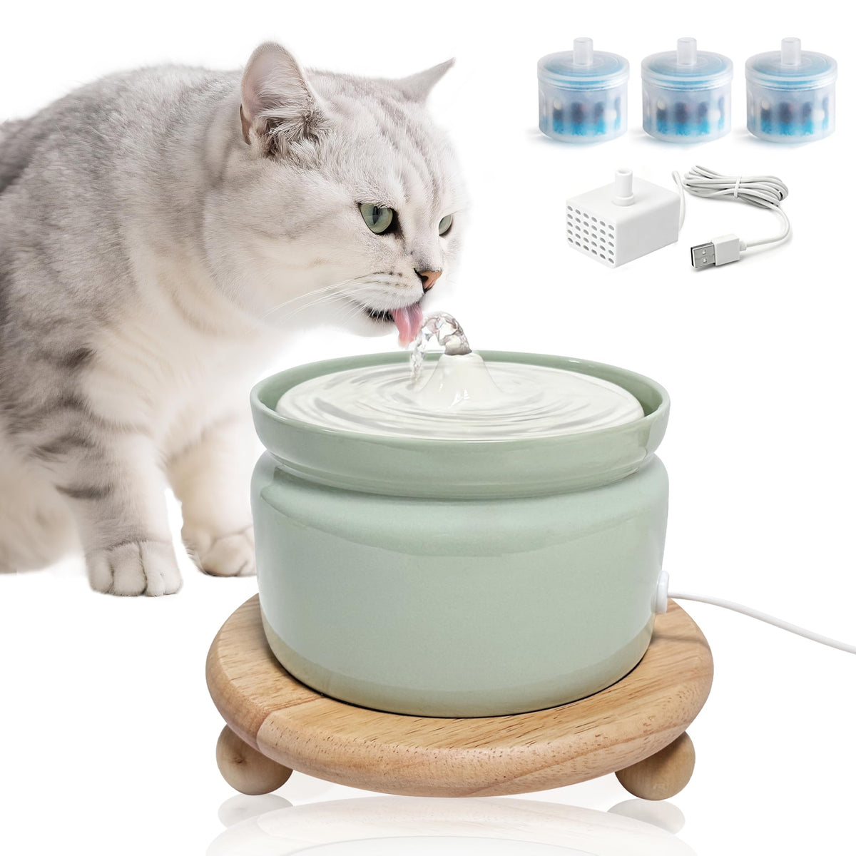 Hululu ceramic cat water fountain shows 1L capacity to boost hydration.