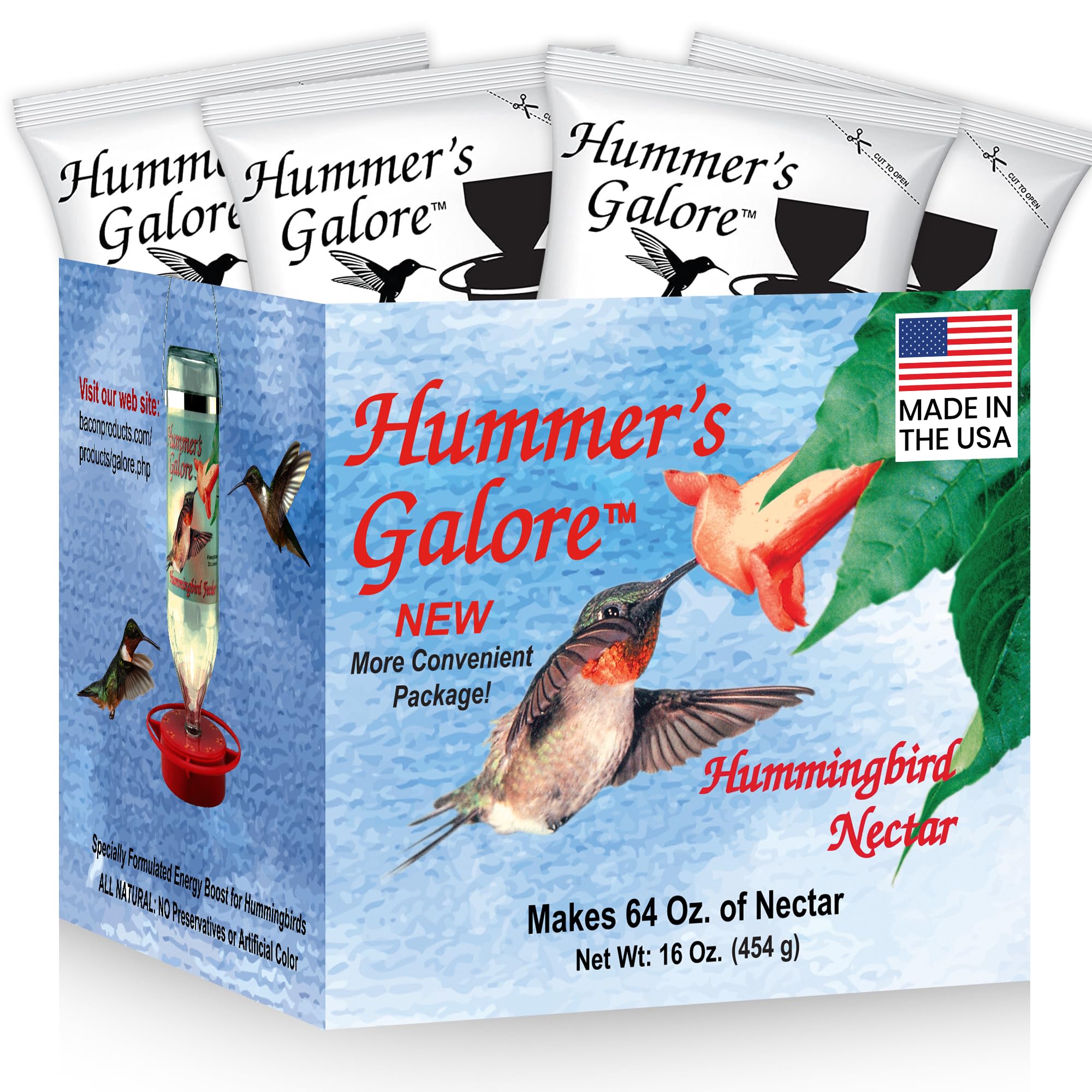 Hummer's Galore ready-to-mix nectar powder for quick, preservative-free hummingbird feeding.