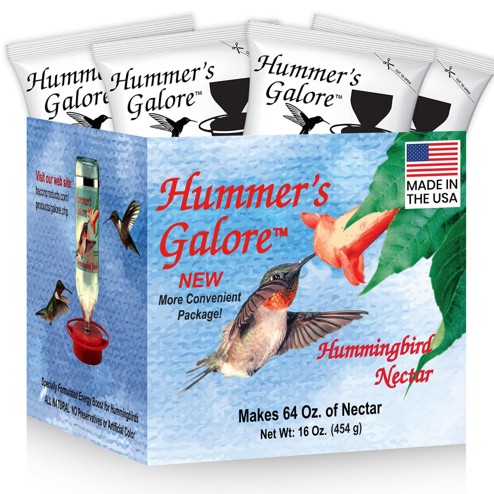 Hummer's Galore ready-to-mix nectar powder for quick, preservative-free hummingbird feeding.