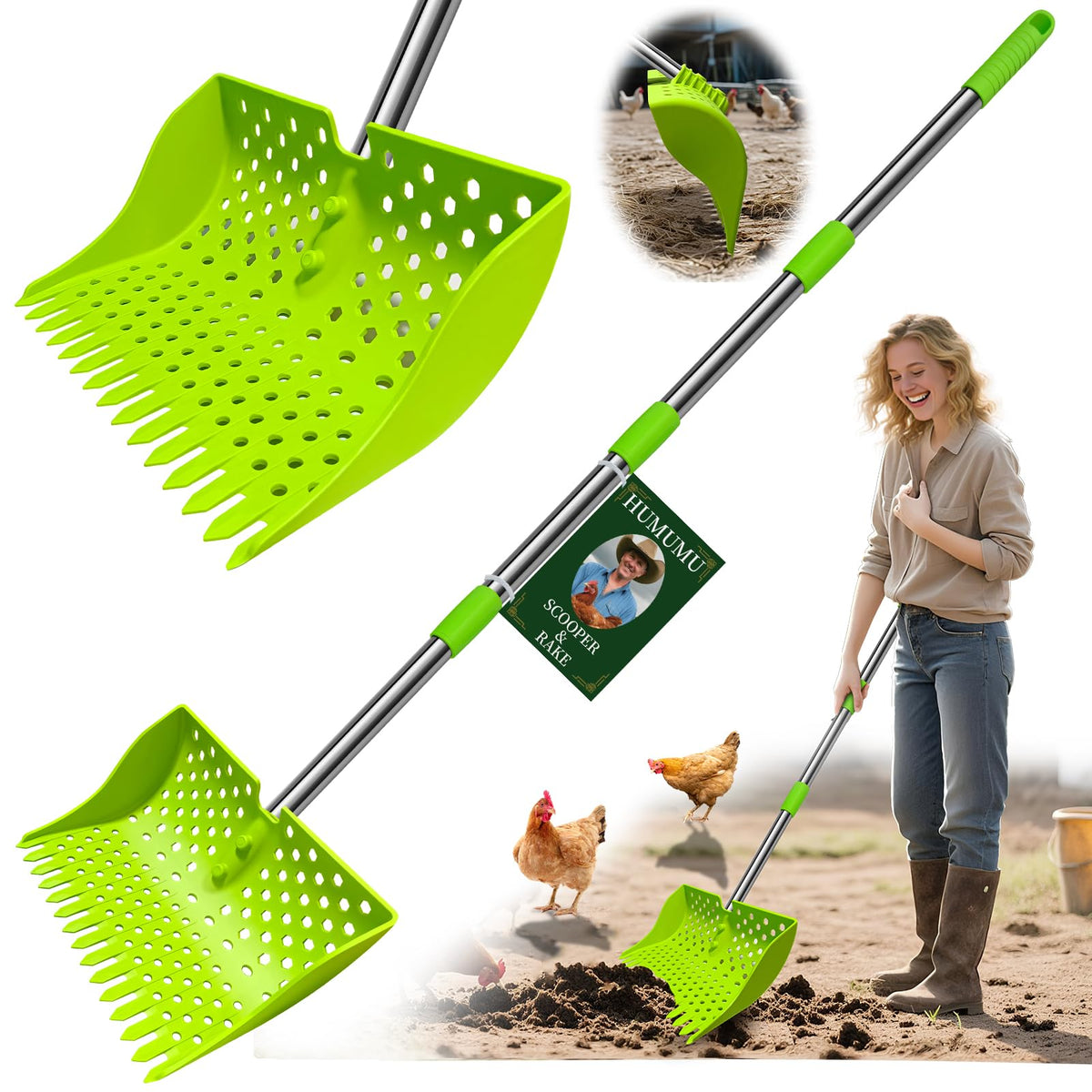 HUMUMU 12-inch 2-in-1 scooper in use for quick coop cleanup