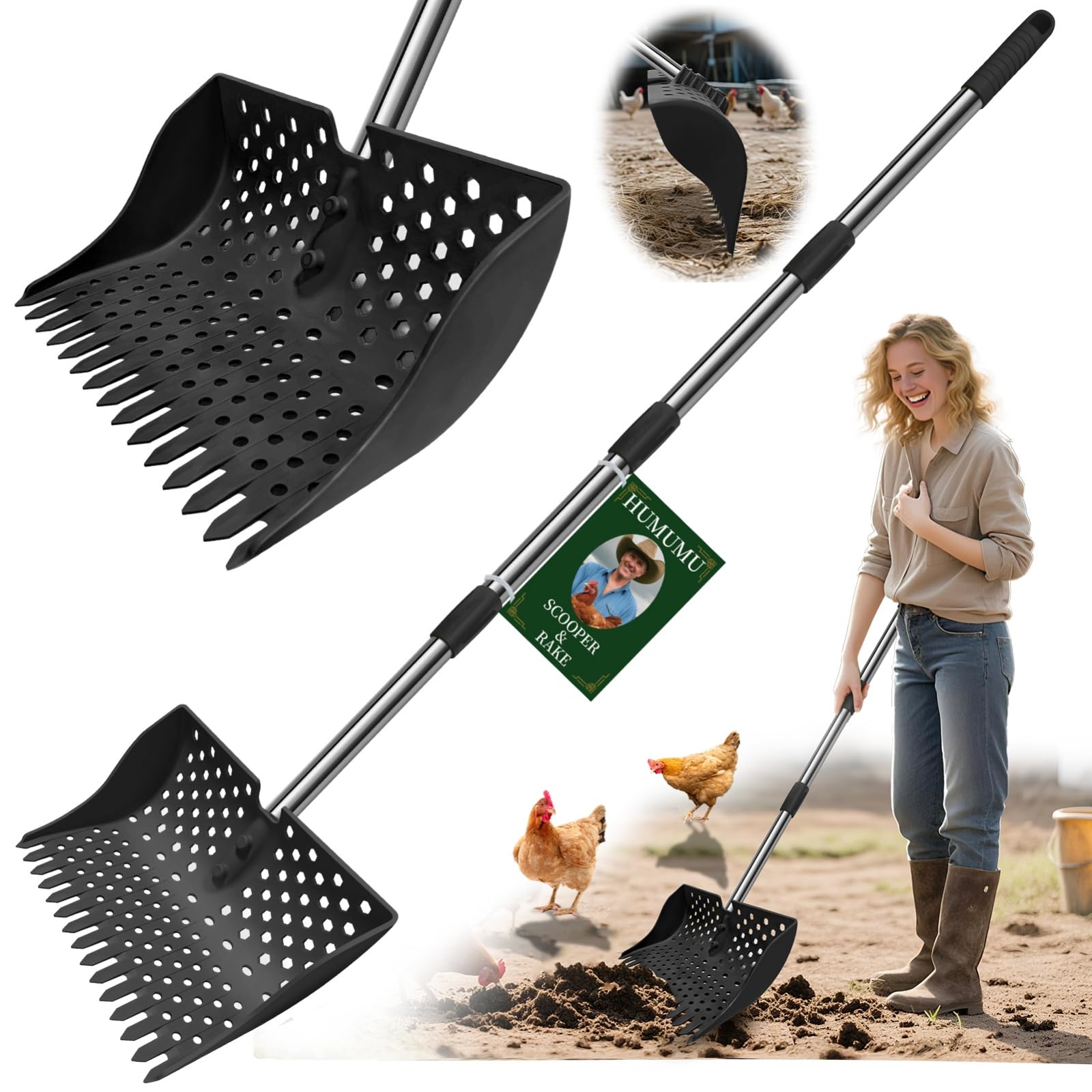 HUMUMU 12-inch 2-in-1 scooper-rake in action for quick coop cleanup.