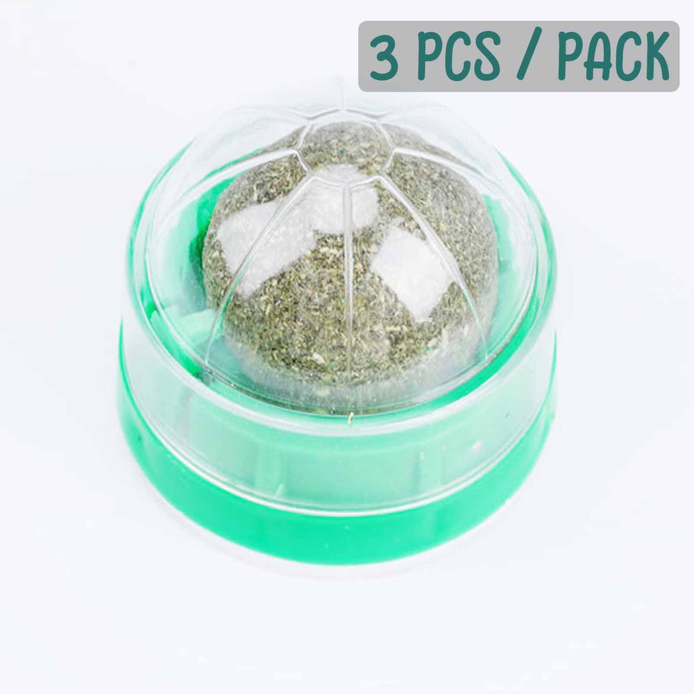humyeam 3 Pack Catnip Balls pack side view shows safe, edible catnip toy for curious cats