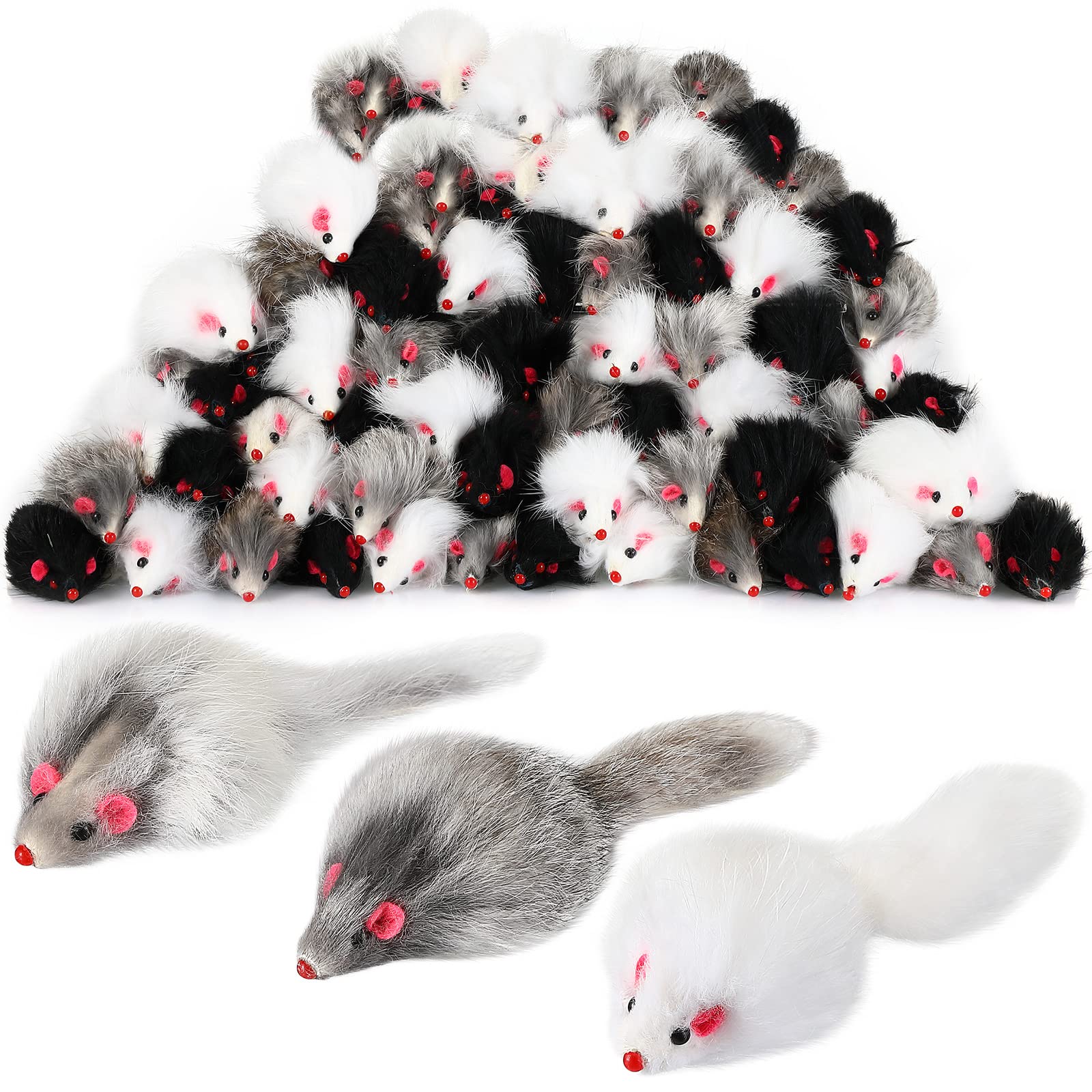 Hungdao 60-pcs furry mice toy pack; soft rabbit fur for safe indoor play