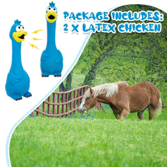 Hungdao latex rubber chicken toy blue side-view demonstrates size and visibility for active fetch