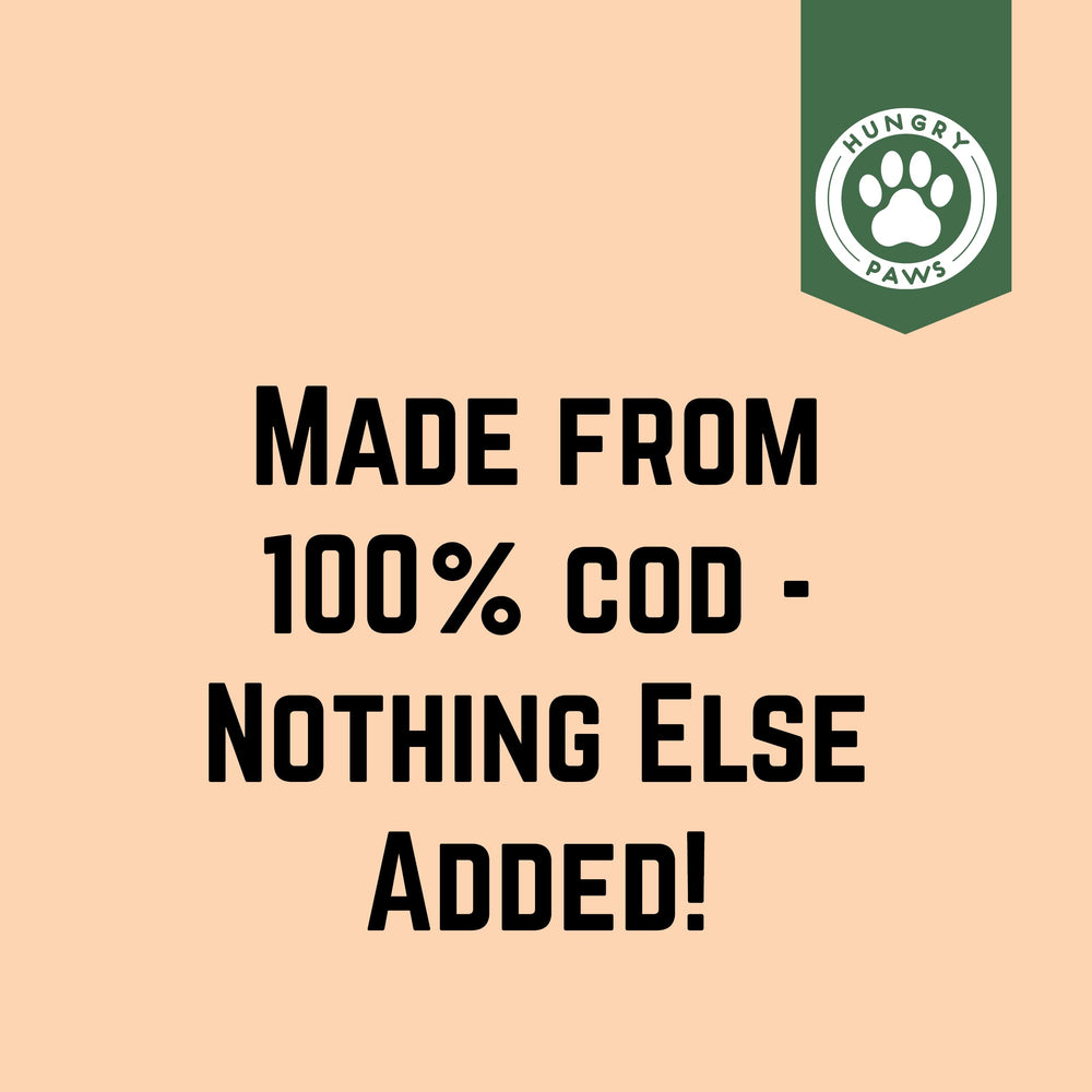 Hungry Paws cod wafer highlights omega-3 rich ingredients for potential coat health.