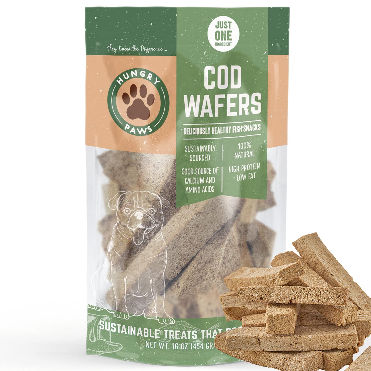 Hungry Paws Cod Fish Wafer packaging shows single-ingredient dog treats for healthy snacking.