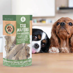 Close-up texture of Hungry Paws cod wafers, crisp and appealing for rewards.