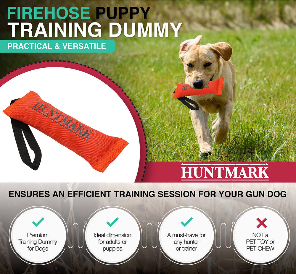 HUNTMARK Firehose Puppy Dummy cork-fill-detail highlights buoyant, water-friendly training for retrievers