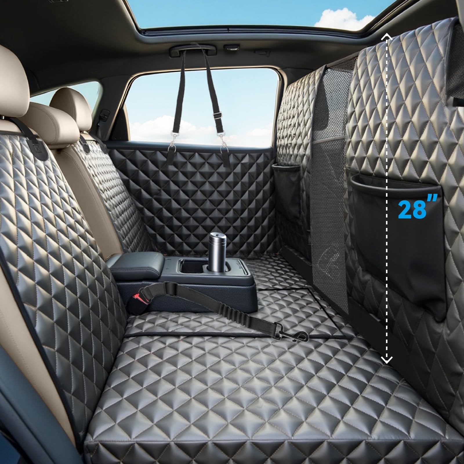HUOHUOCN high-barrier dog car seat cover front view protects against paw dirt and escapes.
