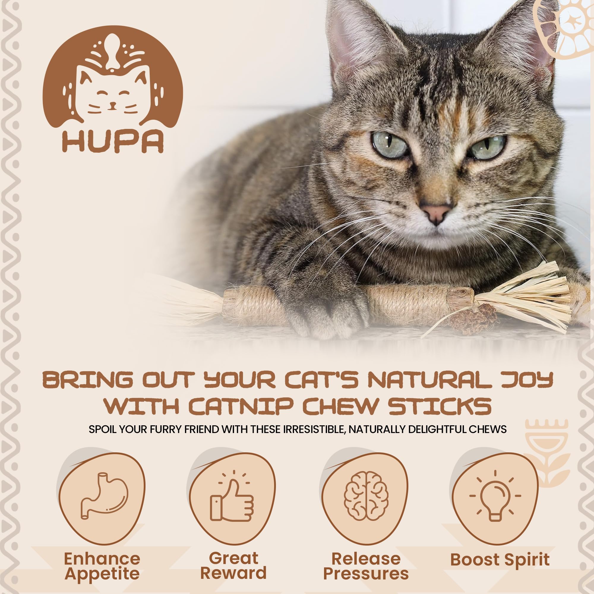 HUPA Catnip Silvervine Sticks ingredients closeup lists catnip, silvervine, raffia.