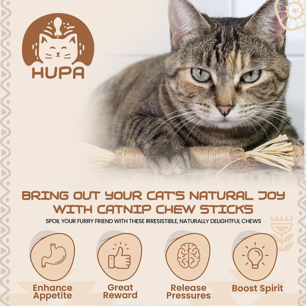 HUPA Catnip Silvervine Sticks ingredients closeup lists catnip, silvervine, raffia.