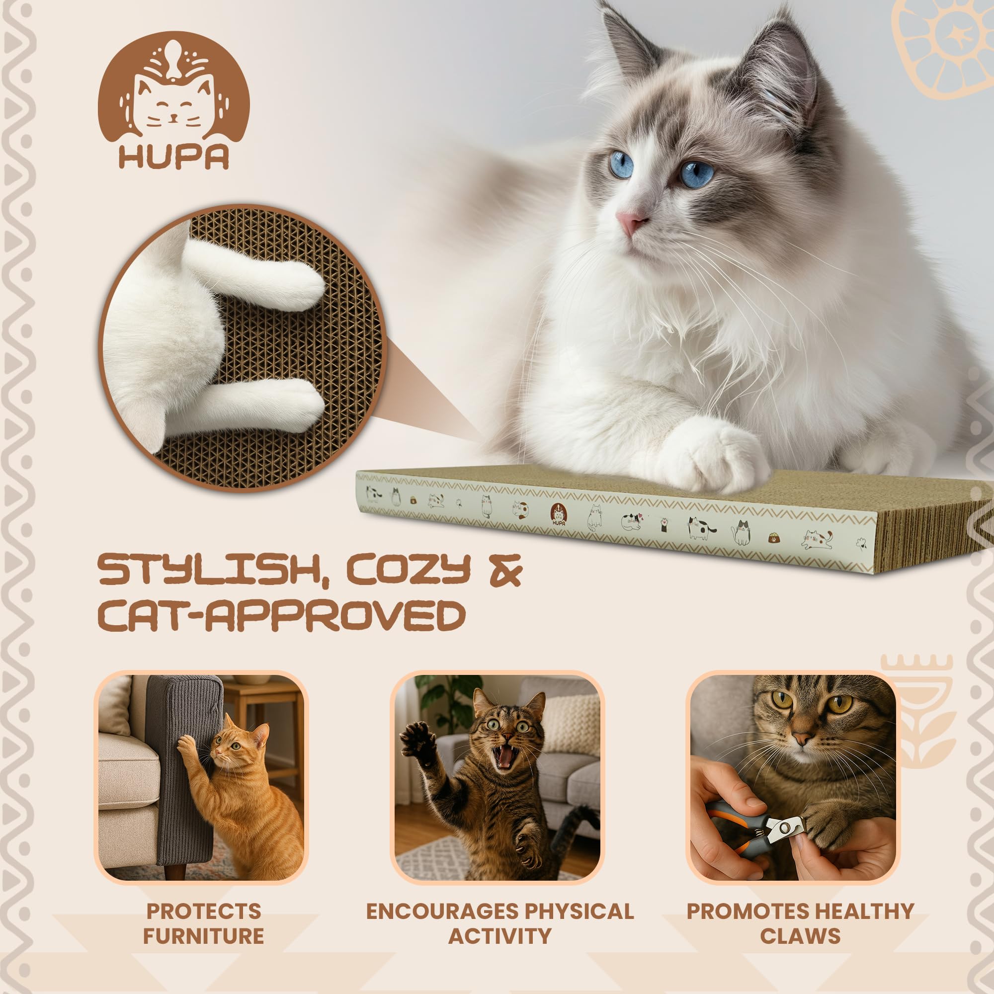 HUPA corrugated cardboard cat scratcher durability supports daily scratching without furniture damage.