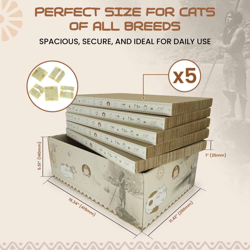 HUPA indoor cat scratch pad emphasizes roomy surface for cozy lounging and play.