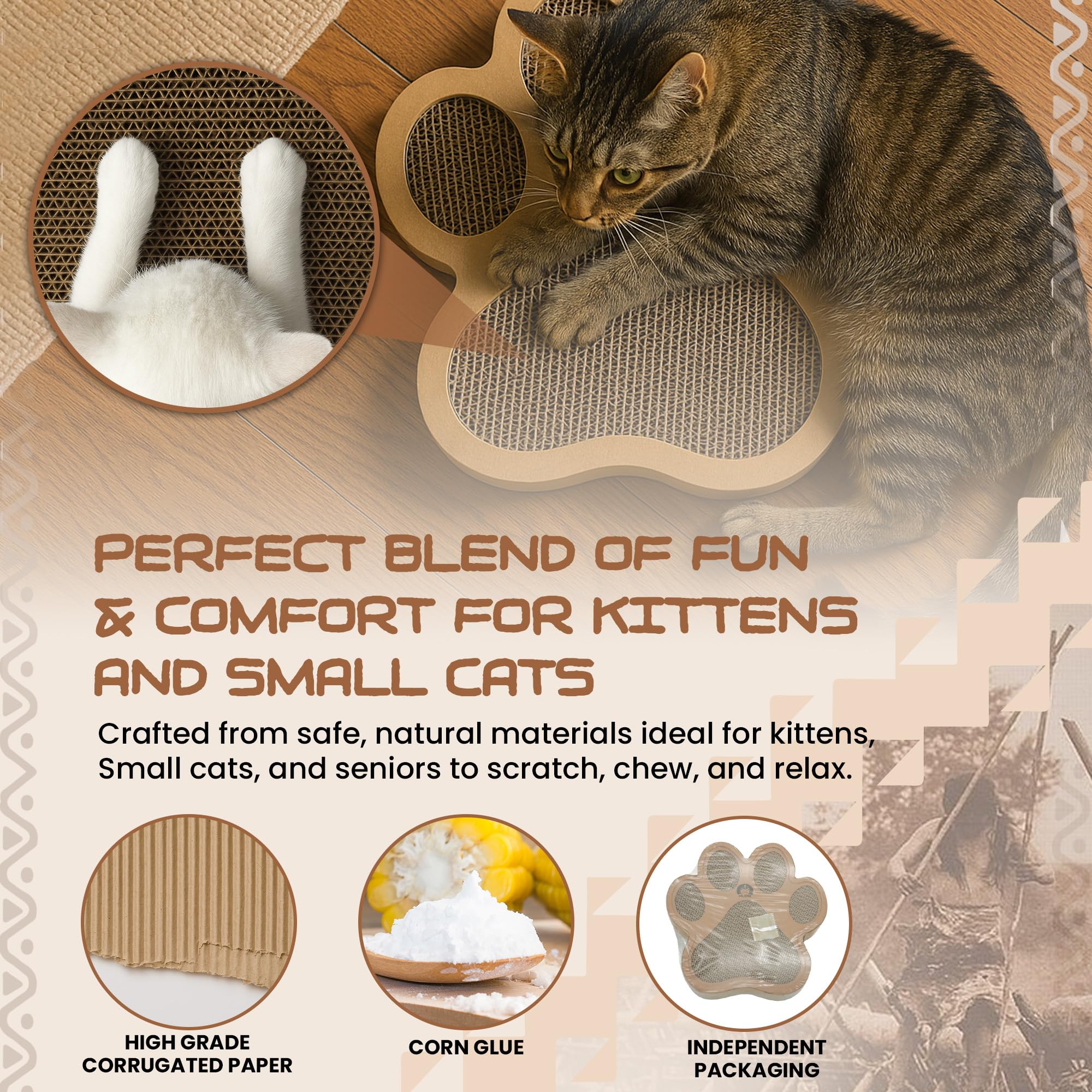 HUPA indoor-cats-scratcher-in-use illustrates a space-saving toy that doubles as a scratcher for kittens.