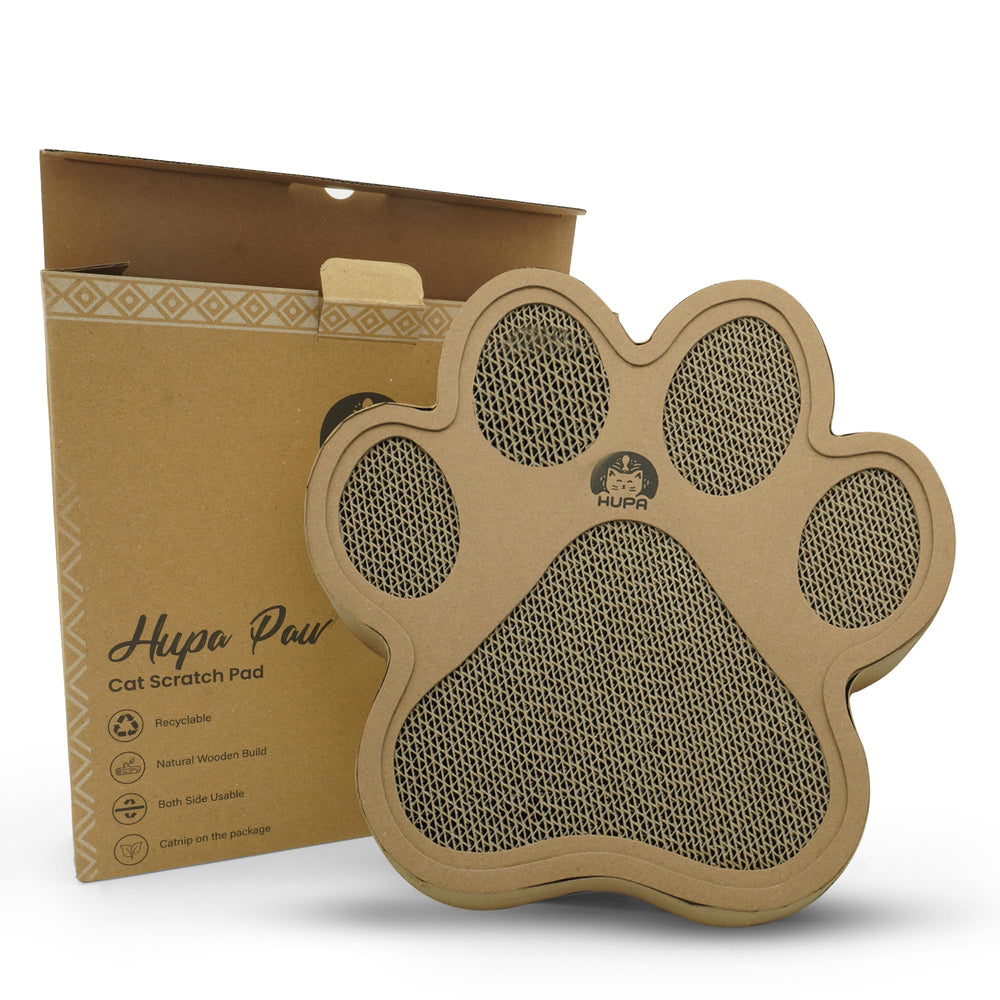 HUPA paw-shaped cat scratcher showing playful design to fit small and medium indoor cats, reduces furniture scratches.