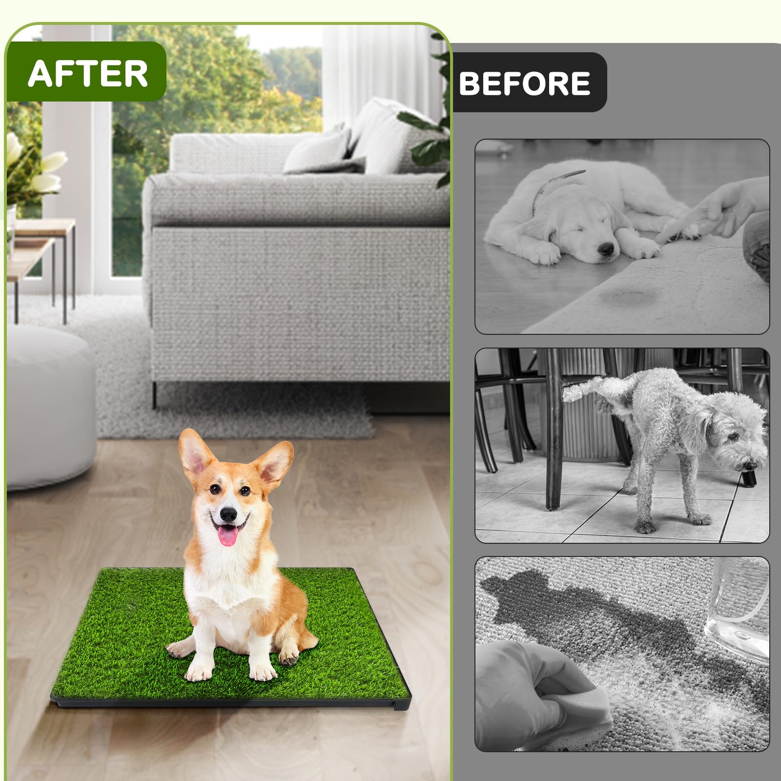 hurentek dog grass pad tray edge shows raised rim to prevent spills.