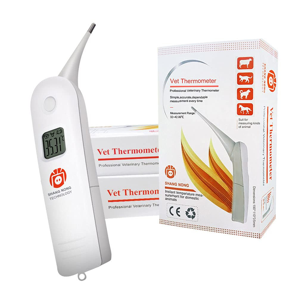 Hurinan rectal thermometer displays large LCD readouts for quick animal temperature checks.