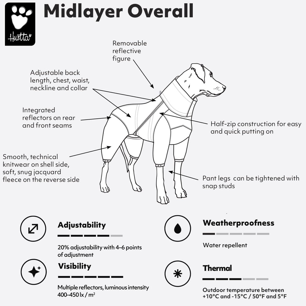 Hurtta Midlayer Dog Overall back view shows reflective details for safer night strolls