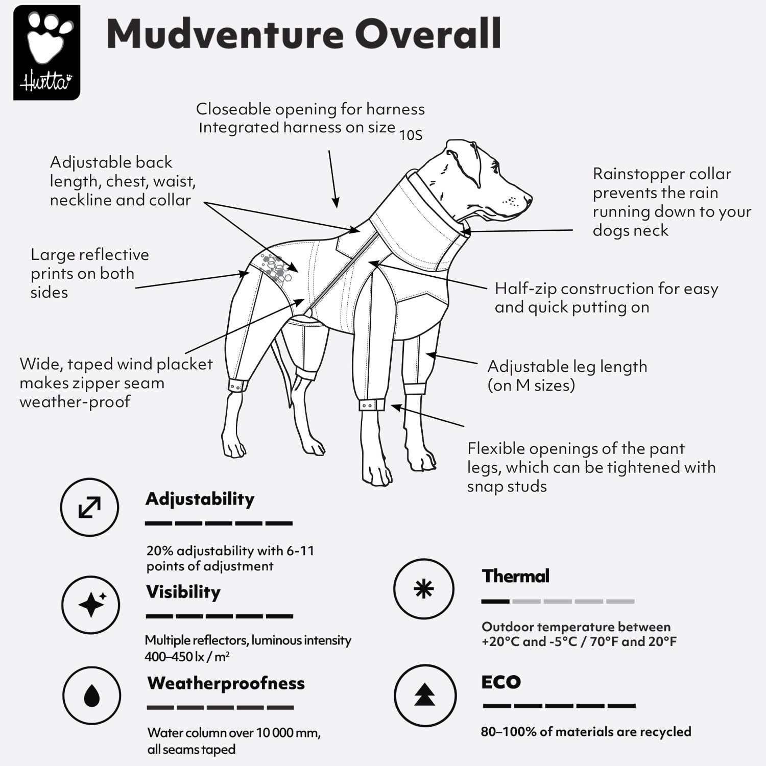 Hurtta Mudventure ECO overall fit-adjustment cords demonstrate customizable sizing for a precise fit