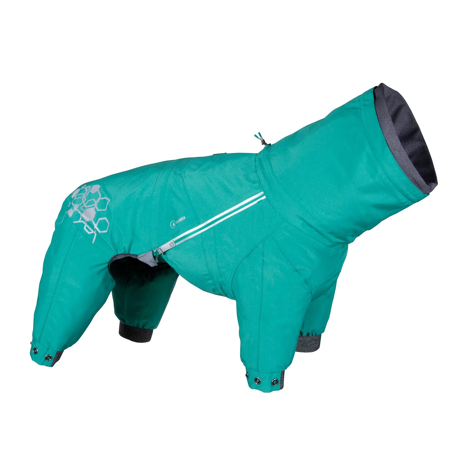 Hurtta Mudventure ECO overall peacock side view with reflective safety for night walks