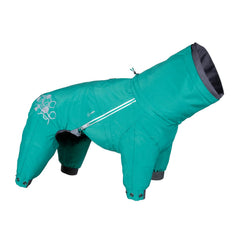 Hurtta Mudventure ECO overall peacock side view with reflective safety for night walks