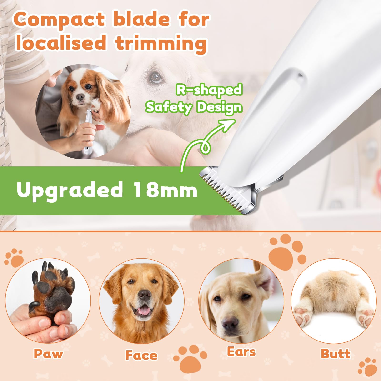 HVSOTV dog paw trimmer blade close-up highlights 18mm width for quick trims.