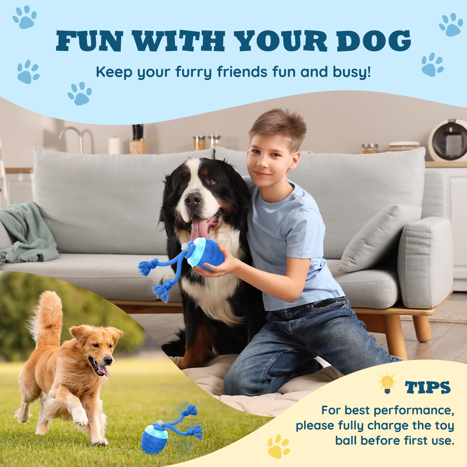 HVUATQ interactive dog ball blue on floor demonstrates active chase and run.