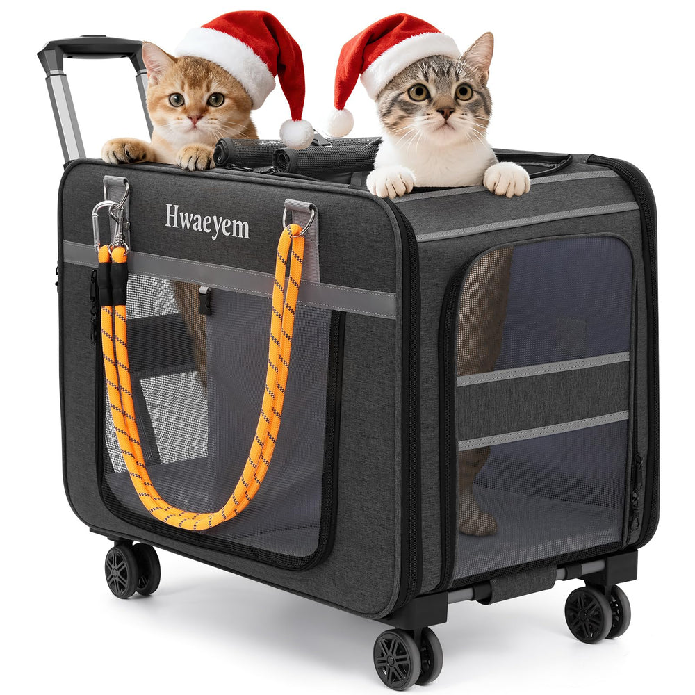 HWAEYEM extralarge cat carrier with wheels shown in rolling mode for easy travel