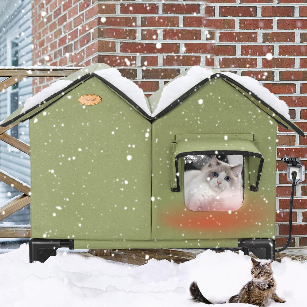 HXPLN heated cat house ideal for porches, barns, and backyards.