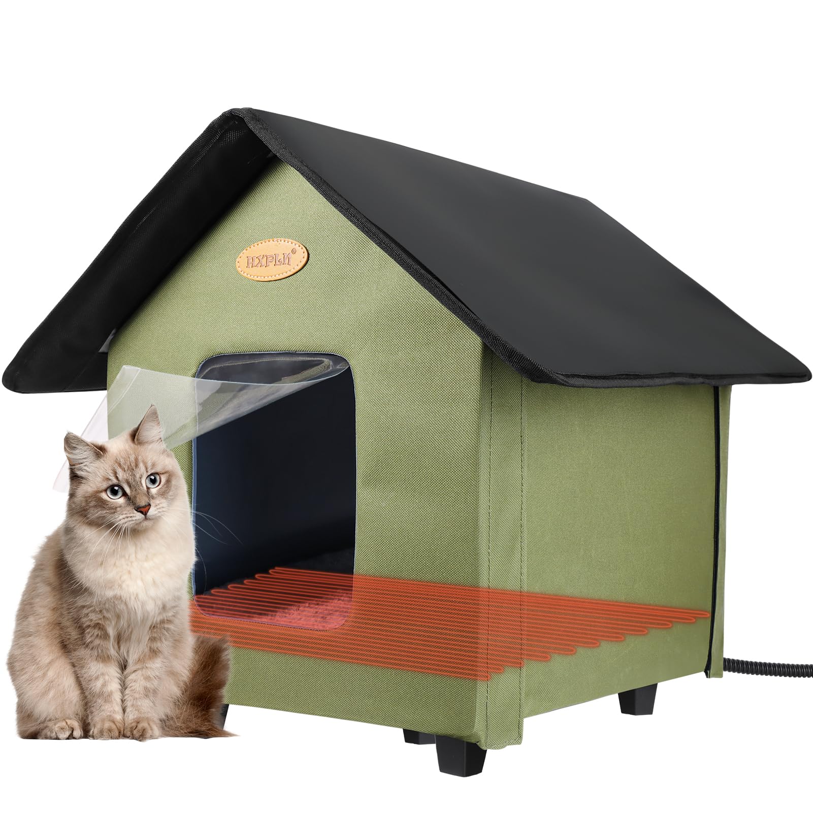 HXPLN heated outdoor cat house outdoors in green, provides winter warmth for outdoor cats