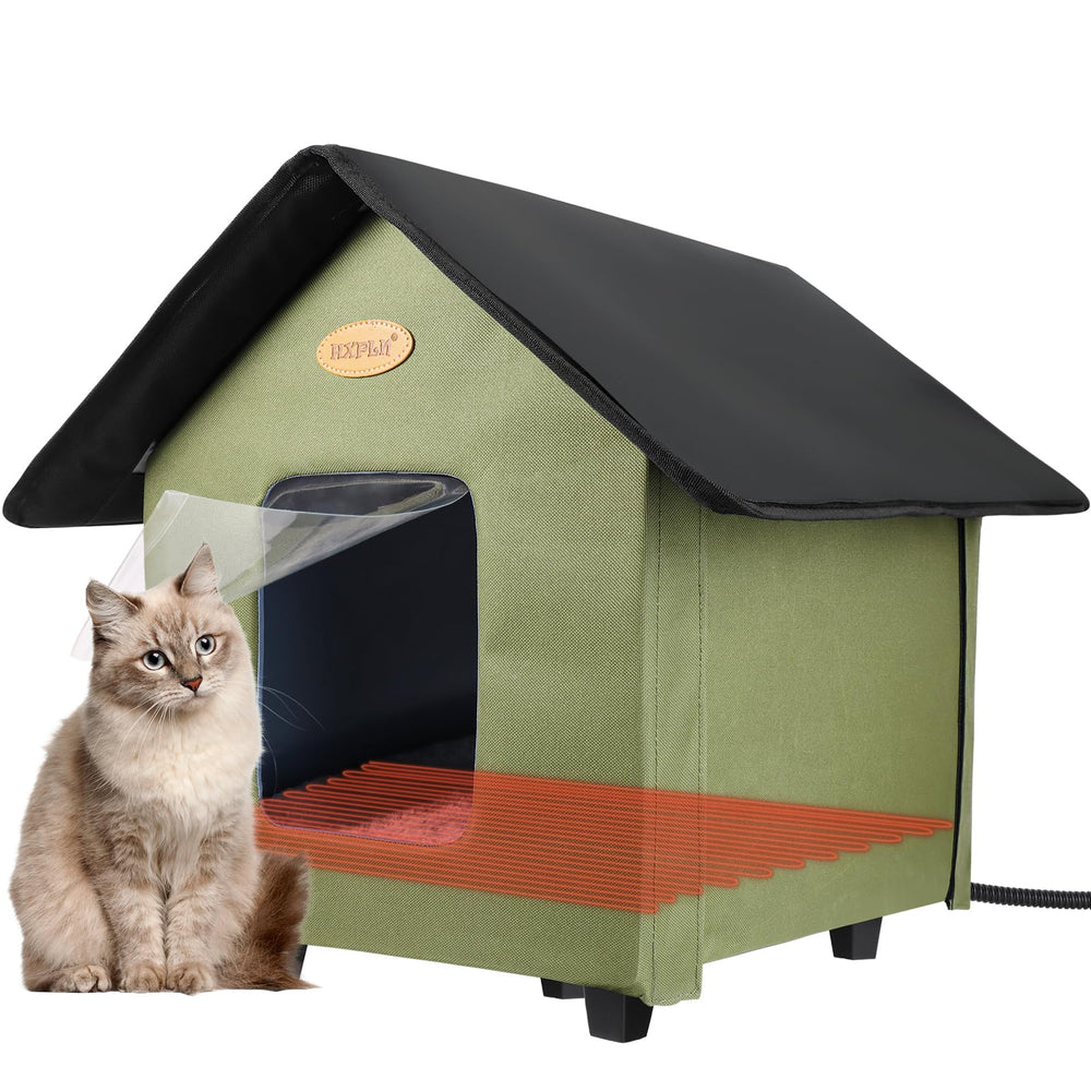 HXPLN heated outdoor cat house outdoors in green, provides winter warmth for outdoor cats