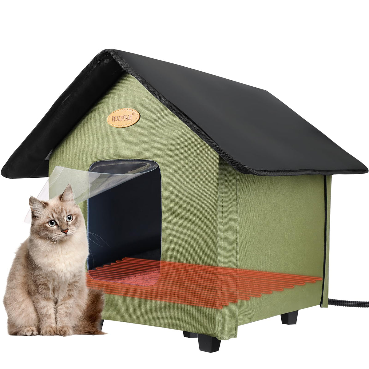 HXPLN heated outdoor cat house outdoors in green, provides winter warmth for outdoor cats