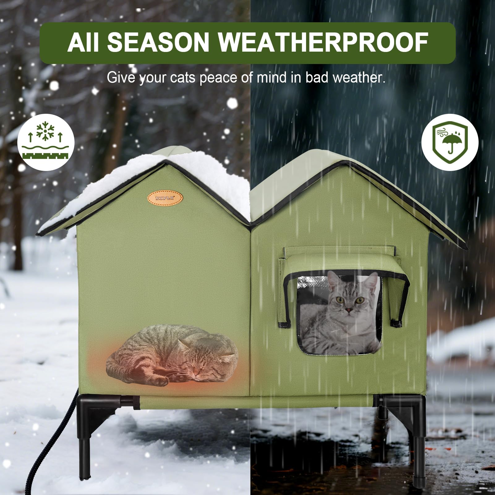HXPLN heated cat house spacious dual escape doors for safe access.