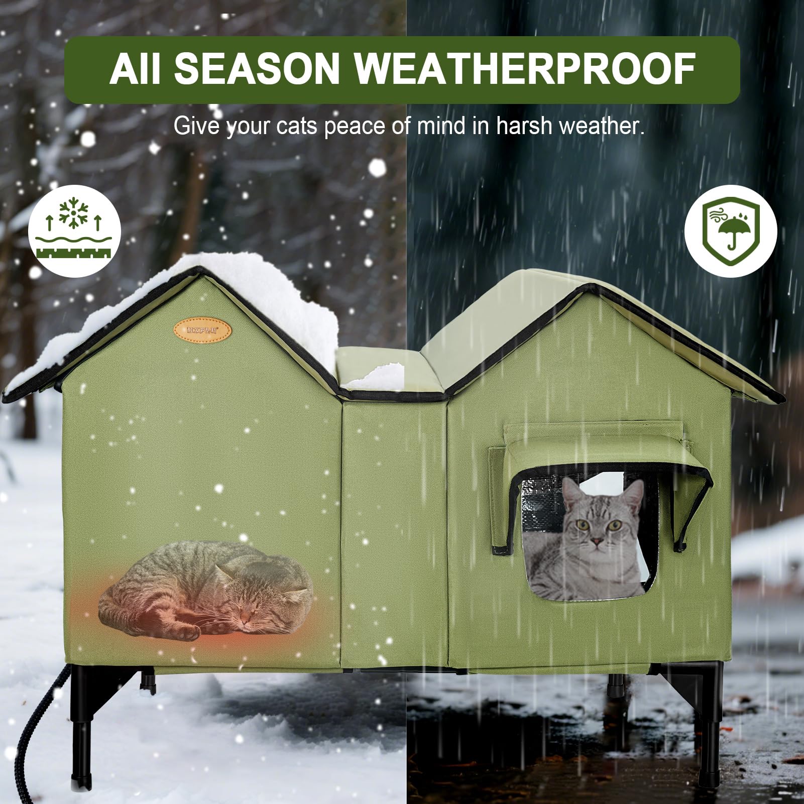 HXPLN weatherproof material; heavy-duty fabric shields wind and snow, interior stays dry.