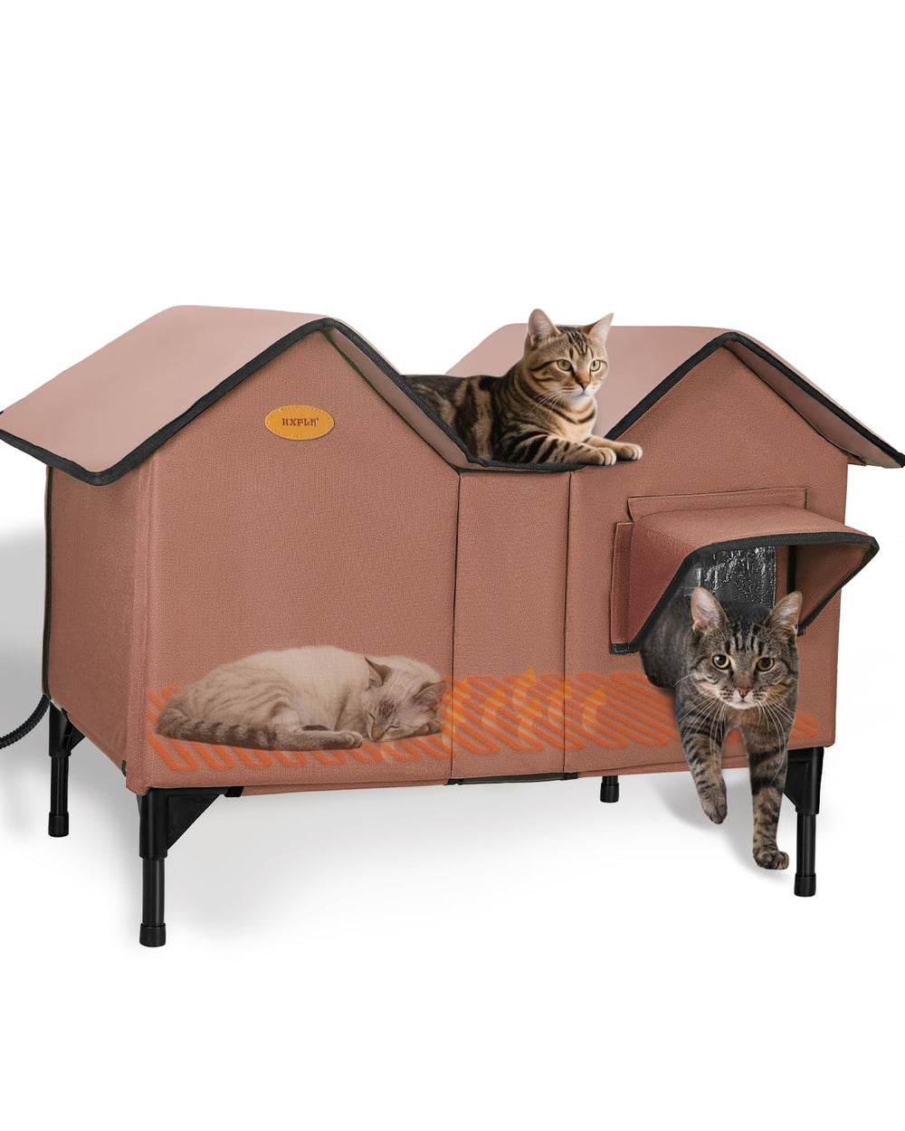 HXPLN heated outdoor cat house winter entrance shows weatherproof access for cold nights
