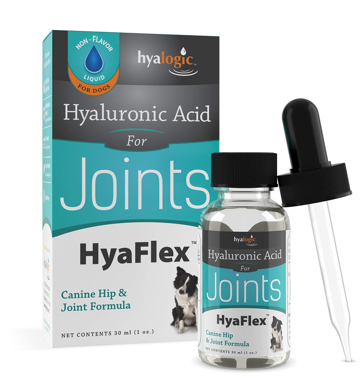 Hyalogic HyaFlex bottle closeup showing convenient dog joint support.