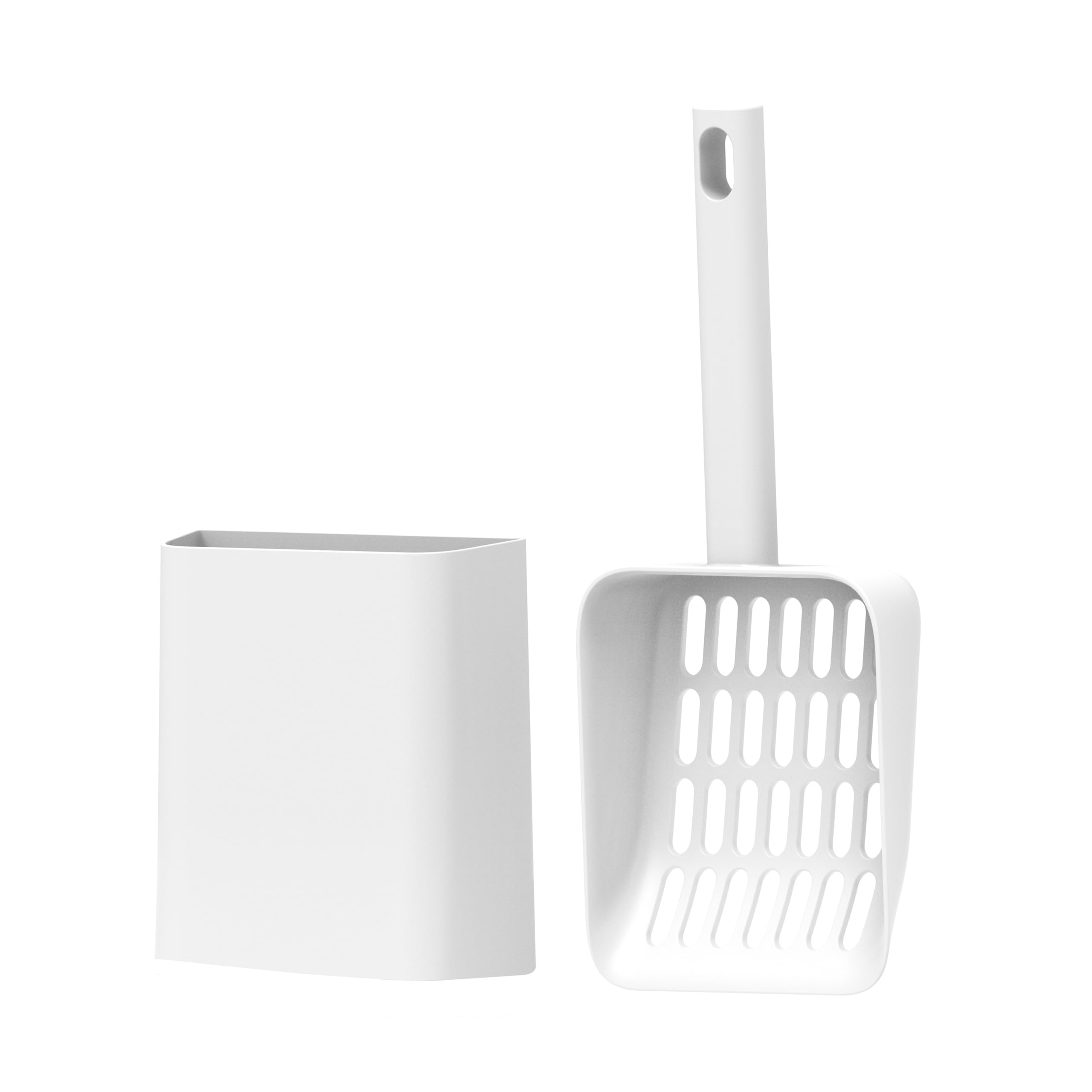 Hychipet cat pooper scooper with holder keeps the litter area tidy after use.