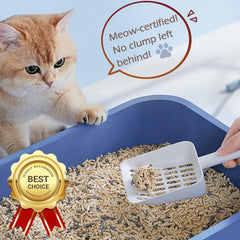 Hychipet scoop's space-saving design fits neatly beside the litter box.